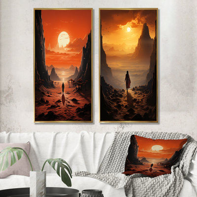 «Lonely Woman Walking In Desert I», ensemble d'art mural sur toile canyon et désert
