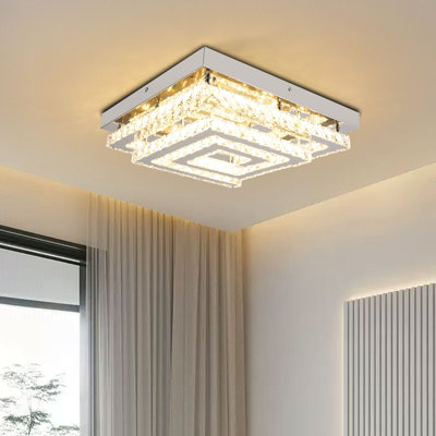 17.71" Modern Square Crystal Infinitely Dimmable Ceiling Light With Remote Control