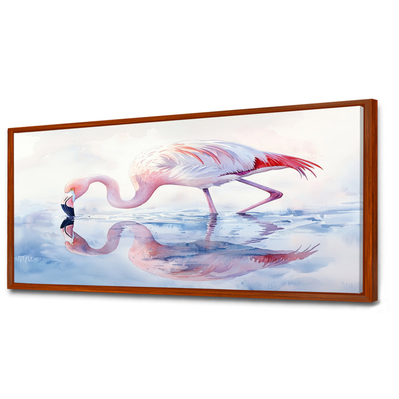 Flamingo Reflections - art mural flamant, H 28 po x l 60 po, Cadre flottant, Brun