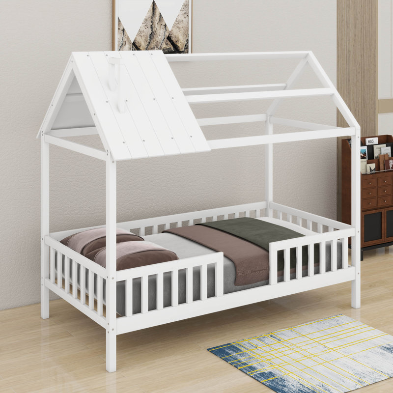 Twin Wood House Bed With Fence, White