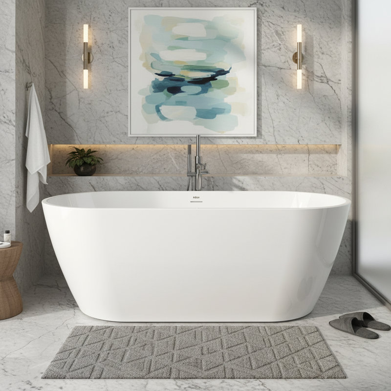 Baignoire de trempage autoportante Bali, H 22,80 po x L 55,10 po x l 28 po, Drain en nickel brossé
