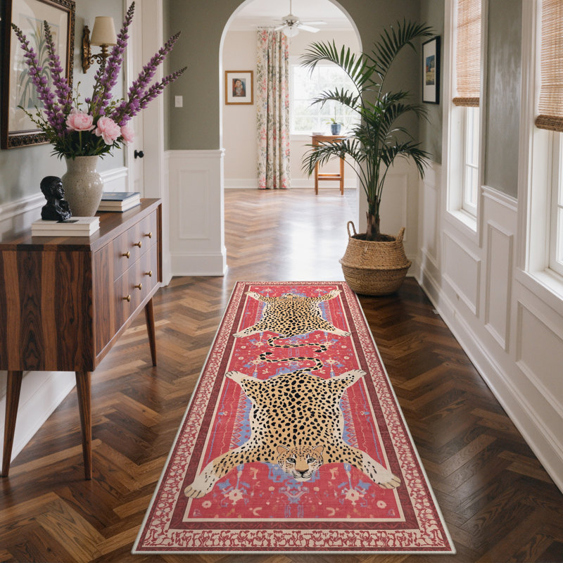 Tapis rose à imprimé léopard Alinda, Tapis de couloir 2 pi x 6 pi, Pink