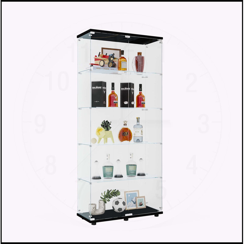 Versatile Two Door Glass Display Cabinet with Multiple Shelves, Black