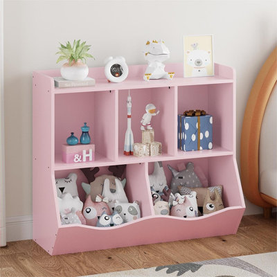 Pink Toy Bookshelf and Organizer Cabinet with Multi-Shelf Cubby Storage, Kids Bookcase for Bedroom or Playroom