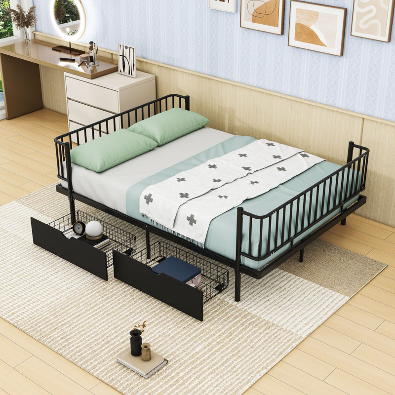 Modern Metal Platform Bed with Built-In Storage Drawers and Guardrails, Black, Full