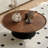 39.37" Round Coffee Table - Carbon Steel Frame with Natural Wood Veneer Top, Modern Curved Accent Table for Living Room