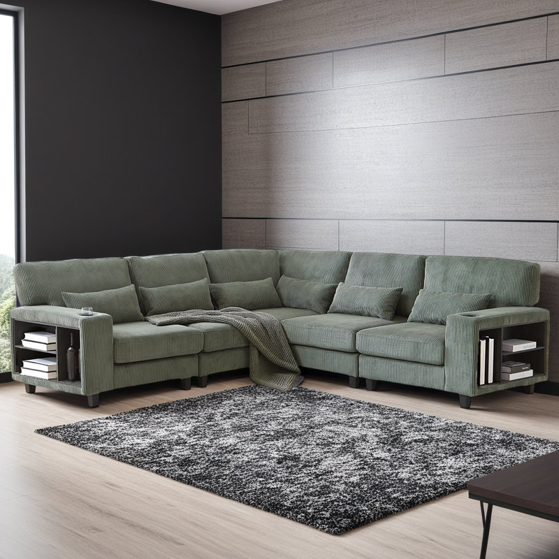 Canapé modulaire convertible en velours côtelé avec rangement pour accoudoirs et porte-gobelets, Vert