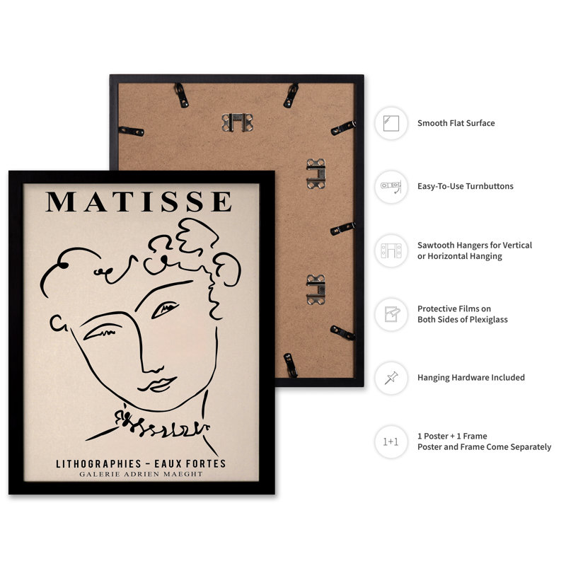 Henri Matisse - Visage de femme, H 12 po x l 16 po, Affiche, Cadre noir