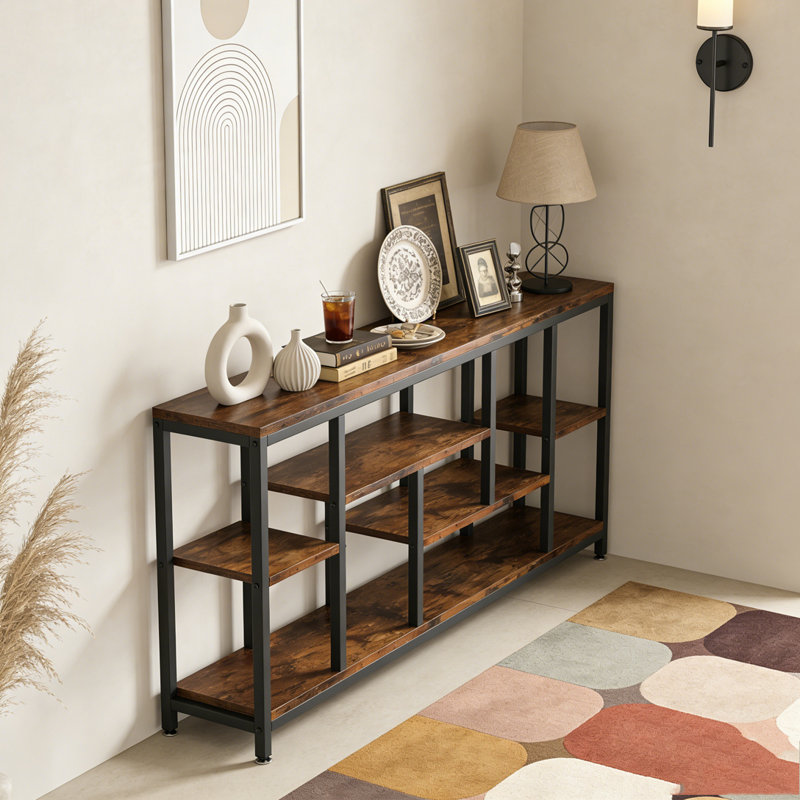 Entryway Sofa Table with Storage Shelves, Rustic Brown & Black