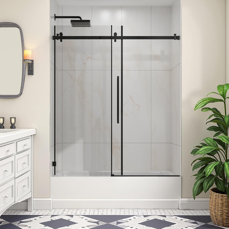 Sliding Bathtub Shower Door 60" W x 58" H Frameless Tub Glass Door, 1/4" (6mm) Thick Tempered Clear Glass with Easy-Clean Coating, Matte Black Shower Door for Bathtub, Stainless Steel Hardware