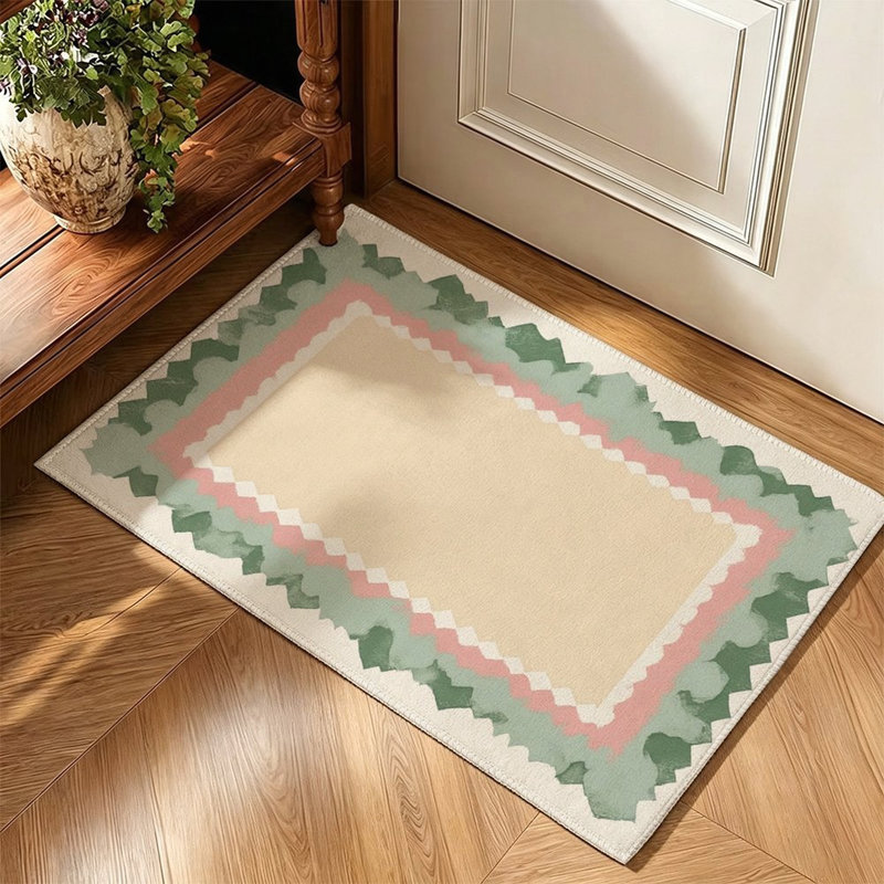 Tapis antidérapant pour petits espaces, motif à bordure crème, verte et rose, 119 x 79 cm (47 x 31 po) pour entrée/couloir