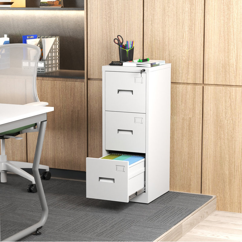 Classeur vertical en métal 3 tiroirs avec serrure et fente pour cartes, Blanc