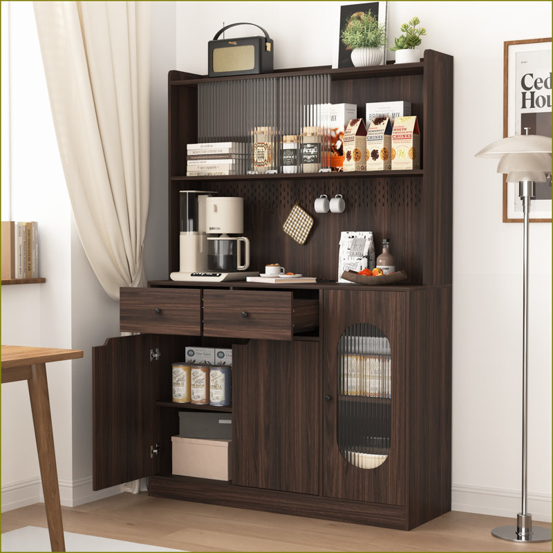 Armoire de rangement pour garde-manger H 71 po x L 47,2 po avec portes en verre Reeded, support pour micro-ondes | Panneau perforé | Panneau de particules