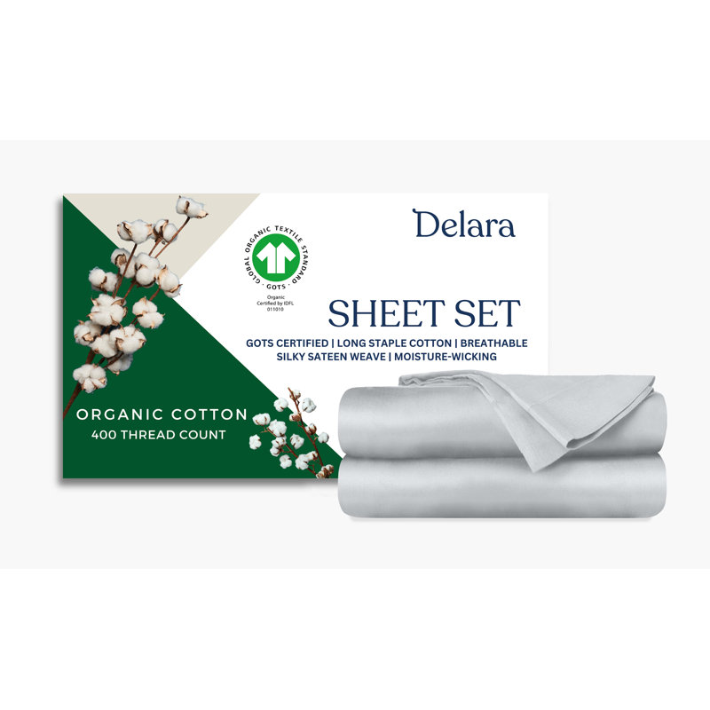 Delara GOTS Certified 100% Organic Cotton Sateen Sheet Set, 400TC Long Staple, Soft & Breathable with Deep Pocket, Light Gray
