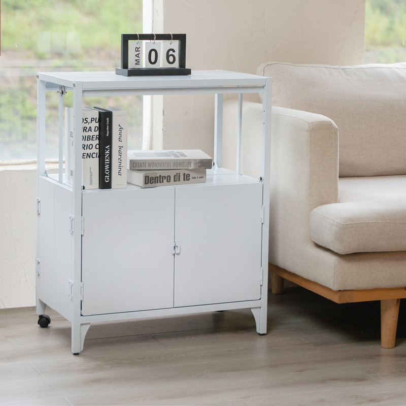 Accent 23.6’’ Wide  Foldable Metal Double Layer Cabinet with  Wheels Easy Assemble end table, White