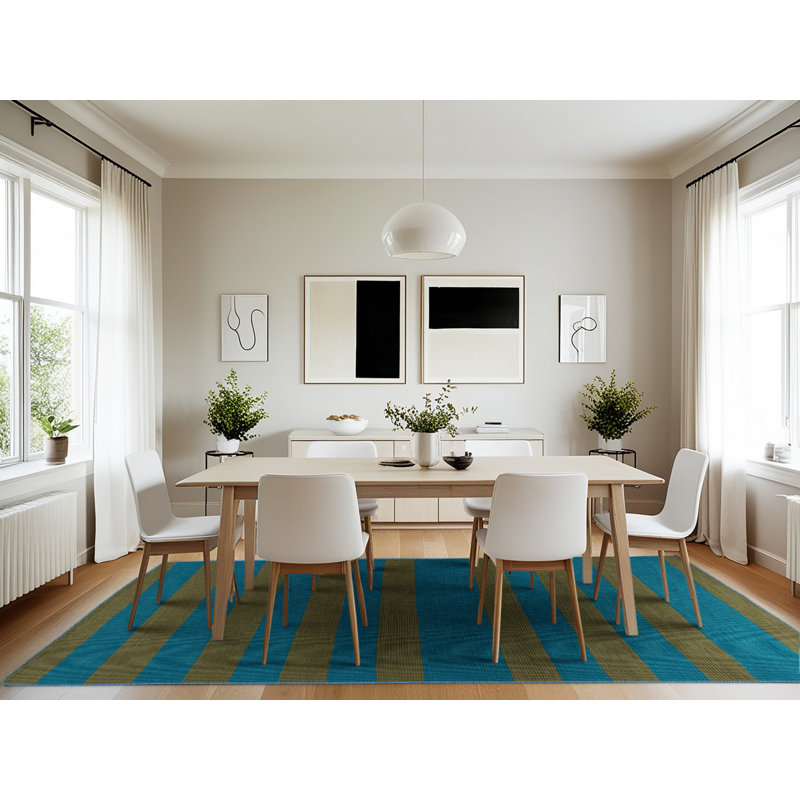 Tapis bleu à rayures horizontales lavable à la machine, Rectangle 7 pi x 10 pi