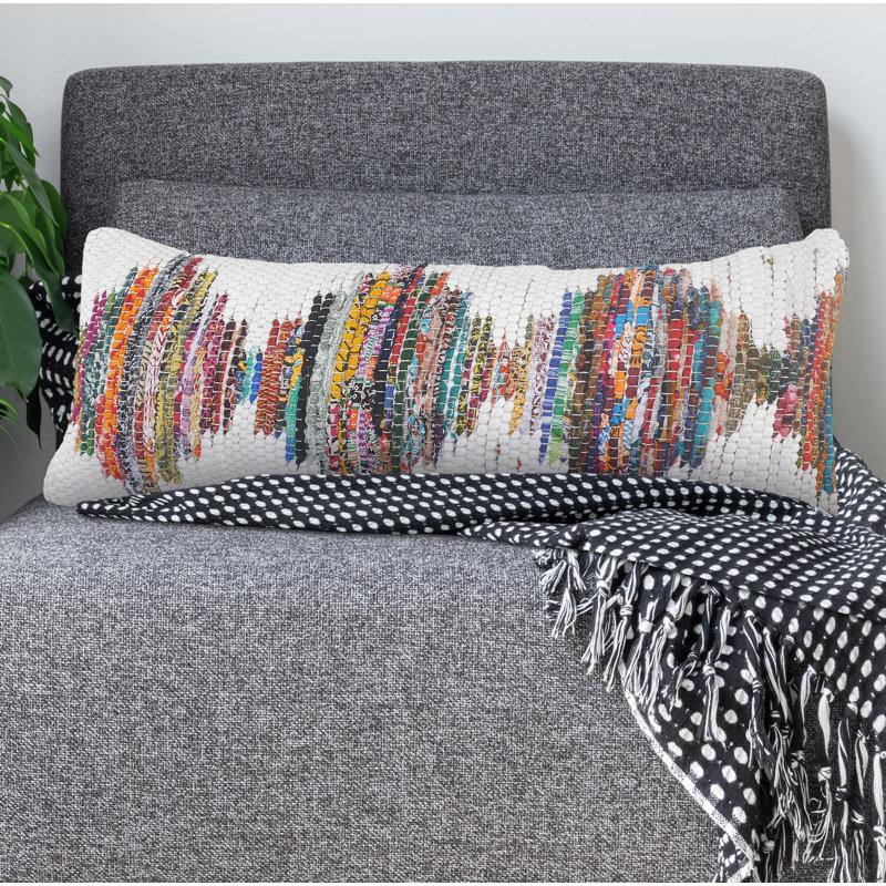 Multicolored Geometric Chindi Cotton Throw Pillow, 14" x 36"
