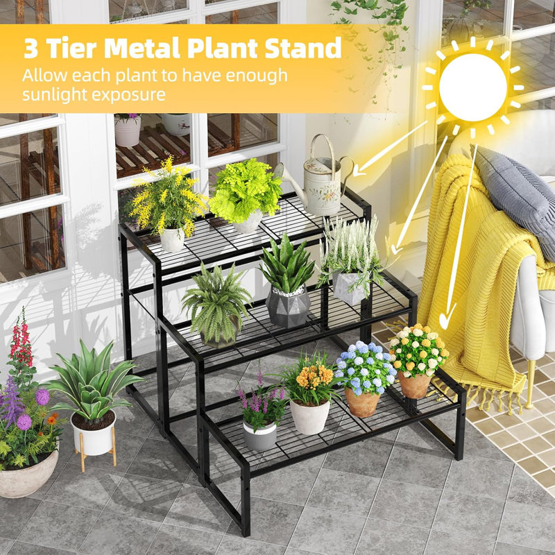 Black Metal 3-Tier Stackable Plant Stand for Indoor/Outdoor Use