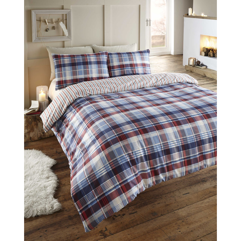 Princeville Brushed Cotton Tartan Check Duvet Cover Set, Double Duvet Cover + 2 Standard Pillowcases, Navy
