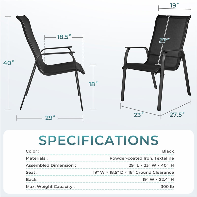 Outdoor Texteline Stackable Dining Chairs with Backrest and Armrests, Black