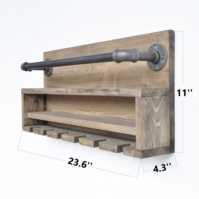 Support à vin mural fait à la main en bois rustique et industriel avec porte-verres à pied