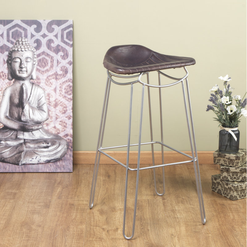 Splendora 76cm Bar Stool - Hand Stitched Leather Seat - Steel Metal Frame, Silver, Brown