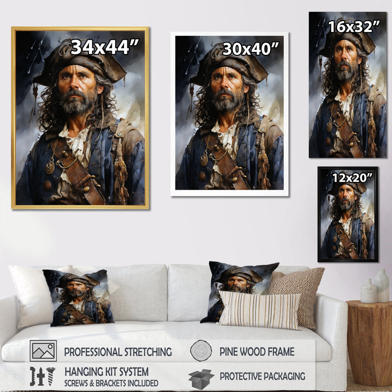 Portrait de capitaine pirate - art mural toile pirate, Encadrement doré, H 32 po x l 24 po x P 1 po