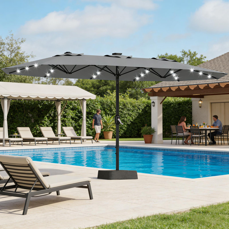 Parasol de patio rectangulaire à double face de 15 pi avec lumières solaires à DEL, base et sac de sable pour piscine, jardin et cour arrière