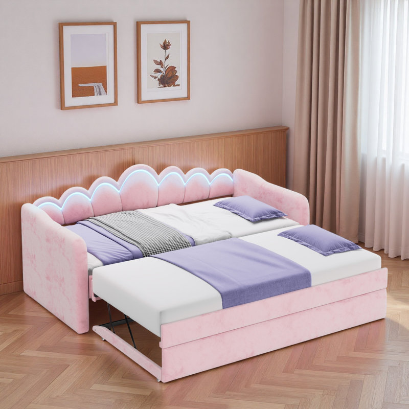 Upholstery Daybed With Led Light, Trundle And Cloud Backrest, Pink