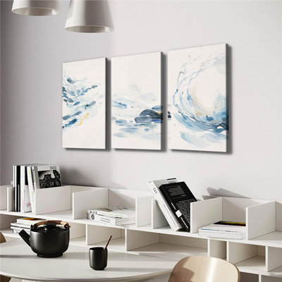 Toile, art mural, 3 panneaux, aquarelle, école de poisson, montagne, lac, vague, paysage oriental, décoration murale