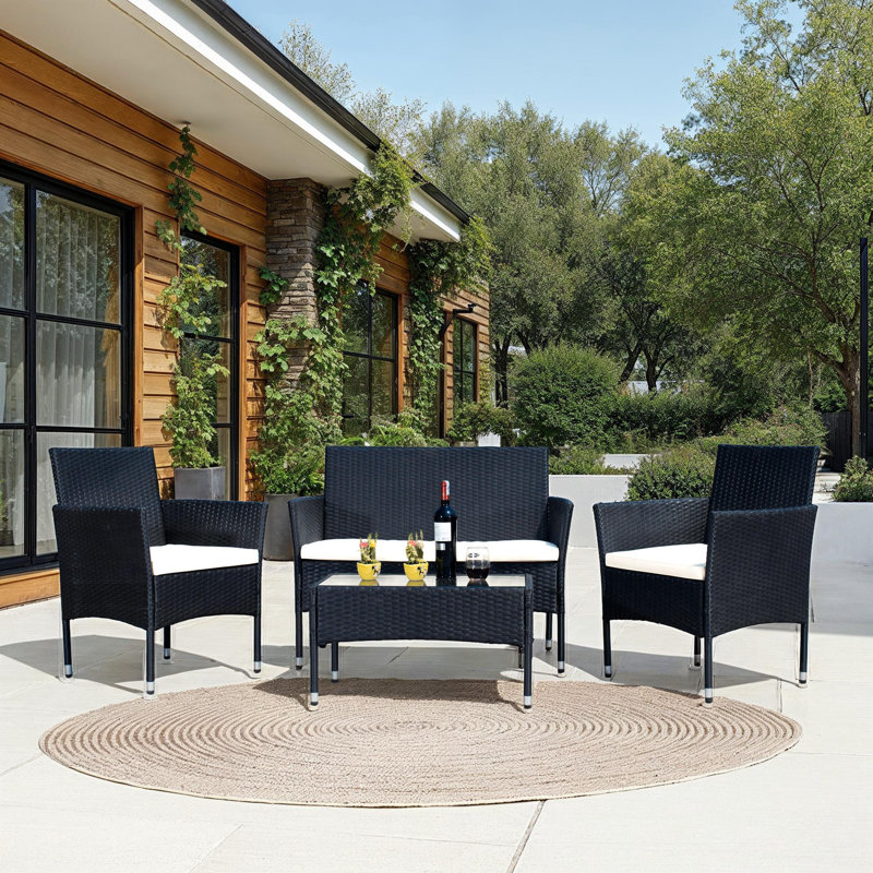 Wood Wicker 4 - Person Patio Conversation Set with Cushions, Black Frame/White Cushion
