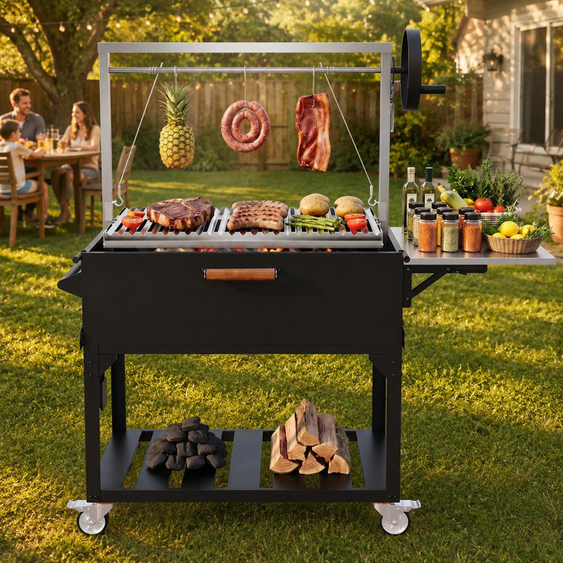 58.3" Argentine Santa Maria Freestanding Charcoal & Wood Fired BBQ Grill with Adjustable V-Grate and Side Table