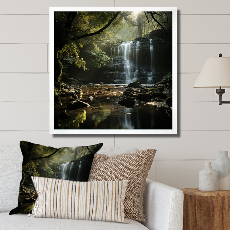 «Waterfall Cliff Scenery Magic IV», reproduction sur toile, Cadre simple blanc, H 16 po x l 16 po x P 1 po
