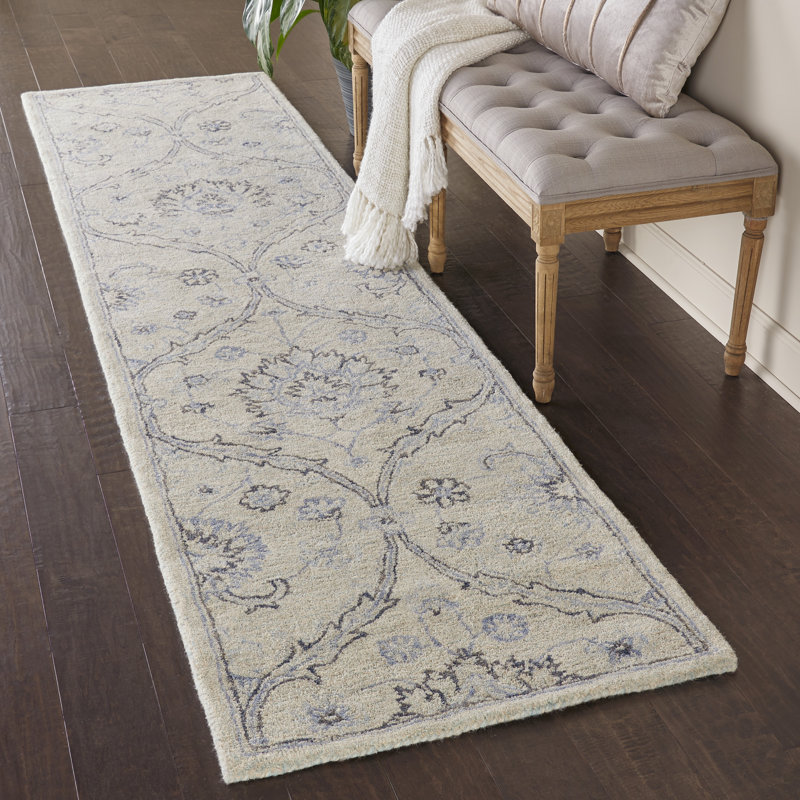 Tapis bleu en laine touffeté à la main Giaan, Tapis de couloir 2 pi 3 po x 10 pi