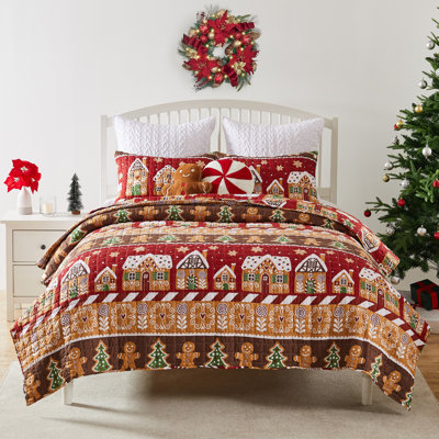 Ensemble de courtepointe rouge 3 pièces Greenland Home Fashions Gingerbread Lane 106 x 92 + 20 x 36 (2)