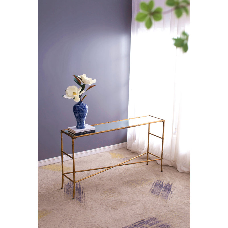 Console 56,5 x 14 x 30 po or antique, plateau en miroir