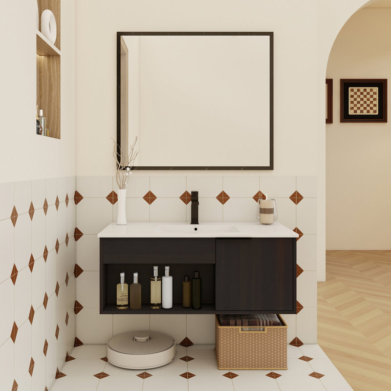 Meuble-lavabo flottant mural de 36 pouces avec lavabo en céramique, armoire en chêne foncé, tablette ouverte et porte à fermeture en douceur pour un espace de rangement spacieux