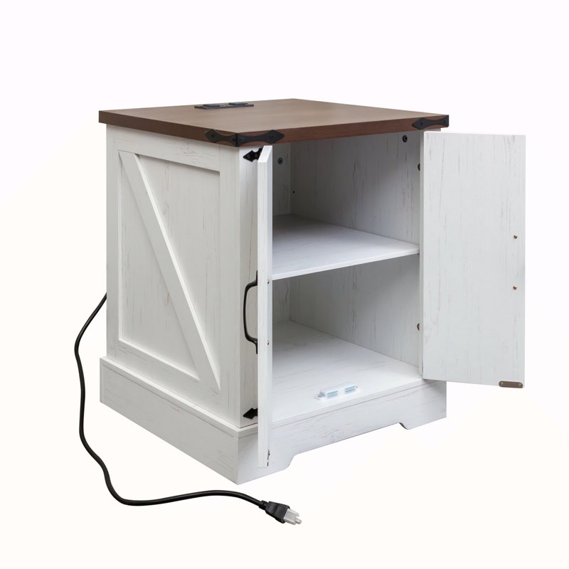 Farmhouse End Table With Charging Station, White