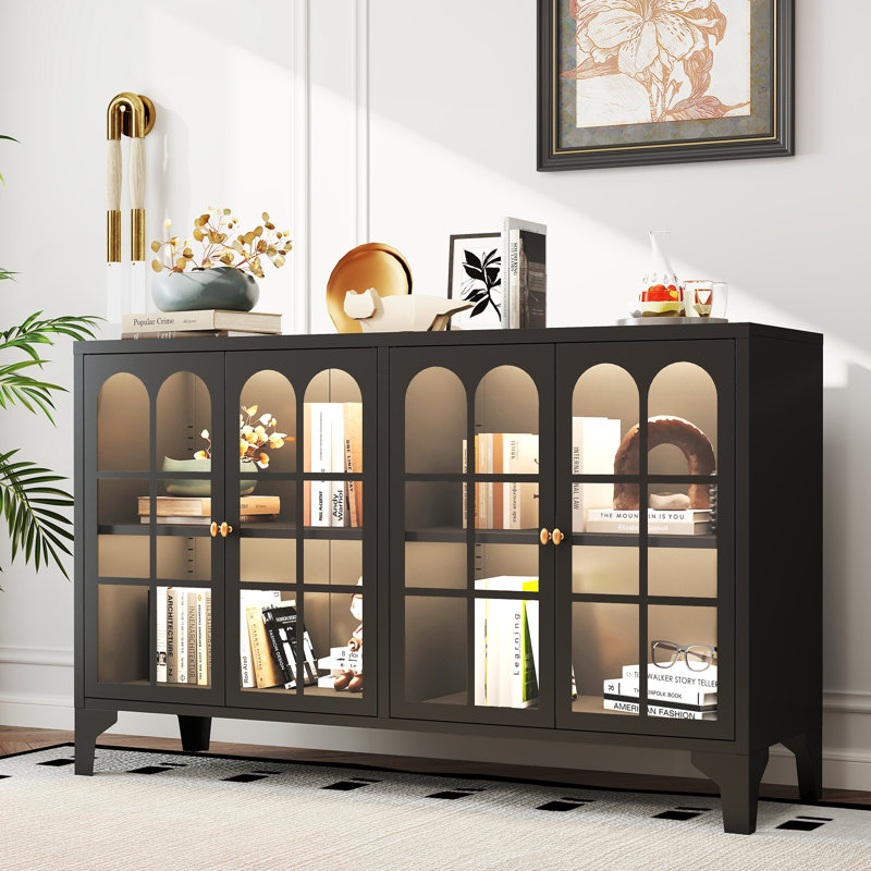 Buffet en métal l 53,2 po avec porte vitrée, tablettes réglables, lumière DEL COB, Noir