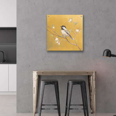 Art mural en verre «Black Cappé Chickadee On Gold» par Danhui Nai