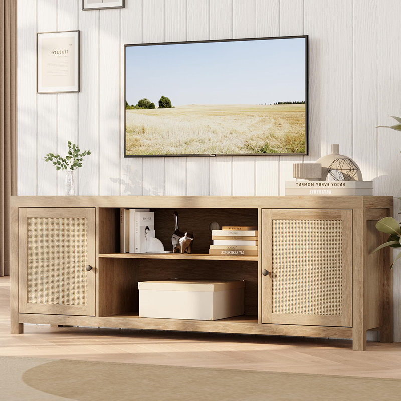 TV Stand For 75 Inch TV, Rattan Entertainment Center With Storage, Wood TV & Media Console, 58"