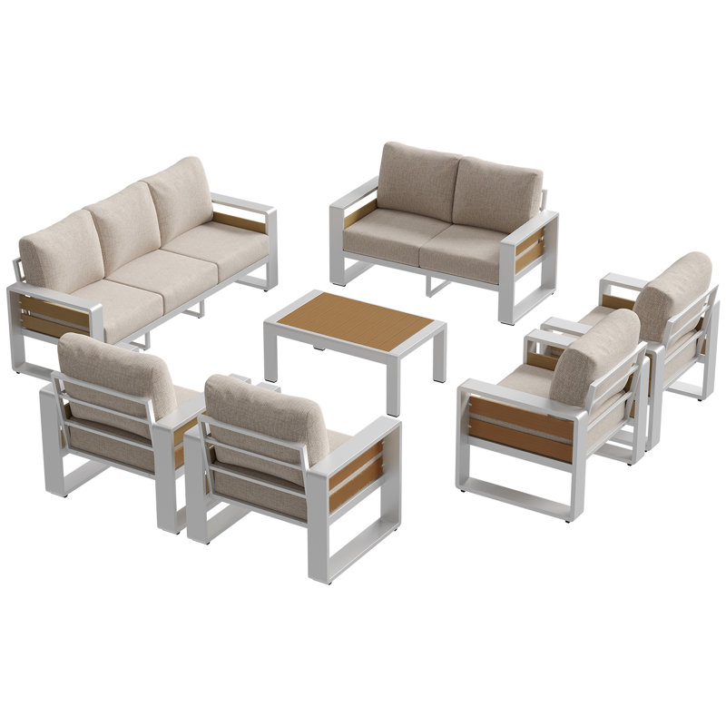 Ensemble de mobilier d'extérieur en aluminium 7 pièces avec table basse et coussins épais, Beige