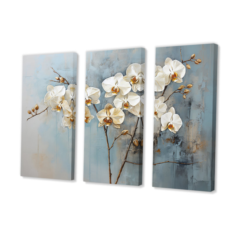 Ensemble de salon Beige et or, orchidées simples VI - Orchidées murales, H 28 po x l 36 po x P 1 po