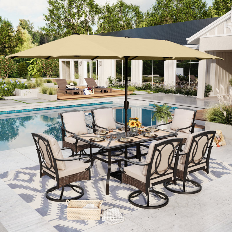 Ensemble repas d'extérieur rectangulaire pour 6 personnes avec chaises pivotantes et coussins épais Leonard, Beige
