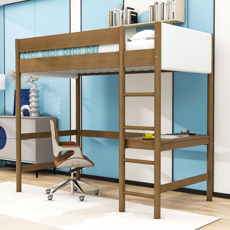 Twin Wooden Loft Bed With Built-In-Desk