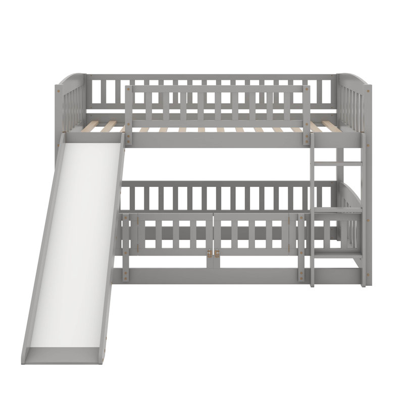 Low Bunk Beds, Kids Bunk Bed With Slide, Fence And Ladder, Wood Toddler Bunk Beds, Twin over Twin, Gray