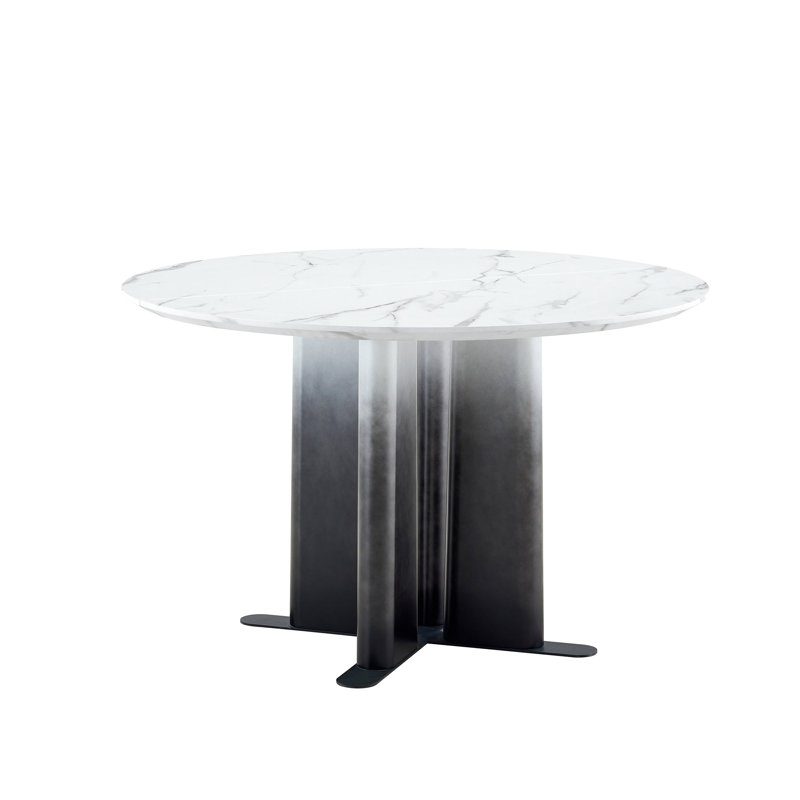 Round White Marble Pattern MDF Dining Table, Black & White Gradient Legs With Cross Base, Compact 2-4 Person Kitchen Table For Small Spaces Home Modern Dining Room Furniture