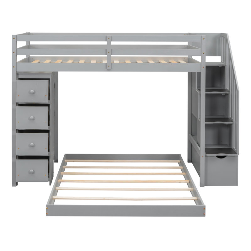 Lit superposé simple au dessus d'un lit double avec tablettes à 3 niveaux, tiroirs et escalier de rangement, gris, Gris