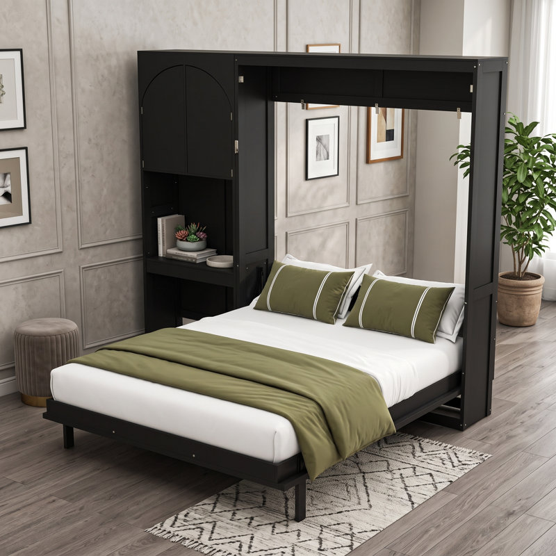 Grand lit escamotable avec bureau intégré, armoire de rangement, DEL, tiroirs et tablettes ouvertes, Black