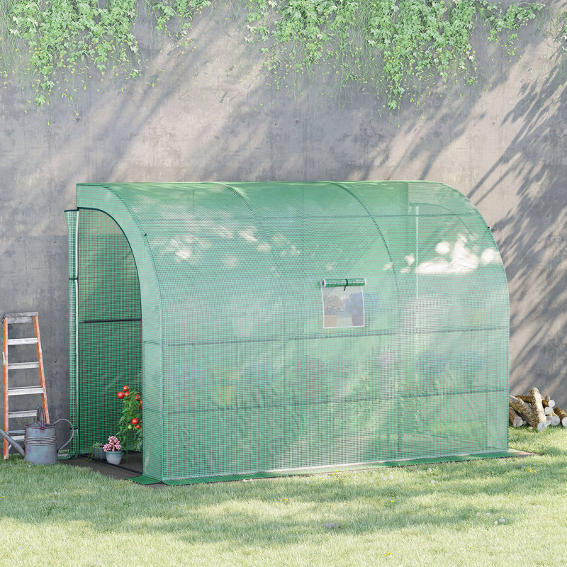 10' X 5' X 7' Lean To Greenhouse, Walk-In Green House, Plant Nursery With 2 Roll-Up Doors And Windows, PE Cover And 3 Wire Shelves, Green